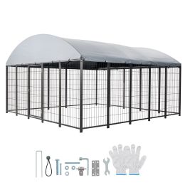 Outdoor Dog Kennel, 9.8 x 9.8 x 5.4 ft Large Dog Kennel with Secure Lock, Outside Dogs Enclosures with UV-Resistant & Waterproof Roof Cover